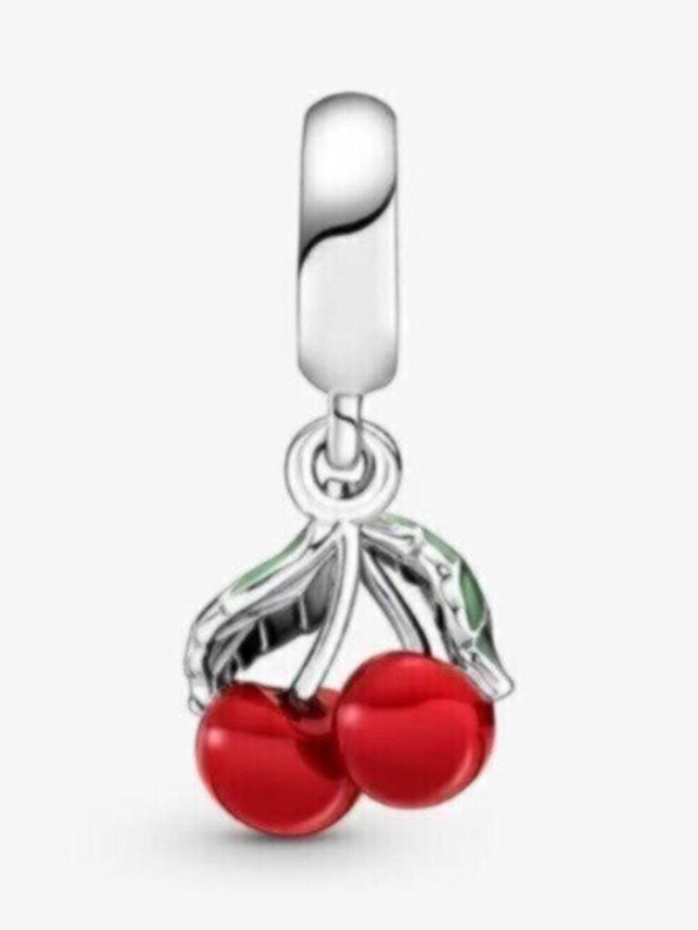 Pandora Red Cherry Dangle Charm with Green Leaves